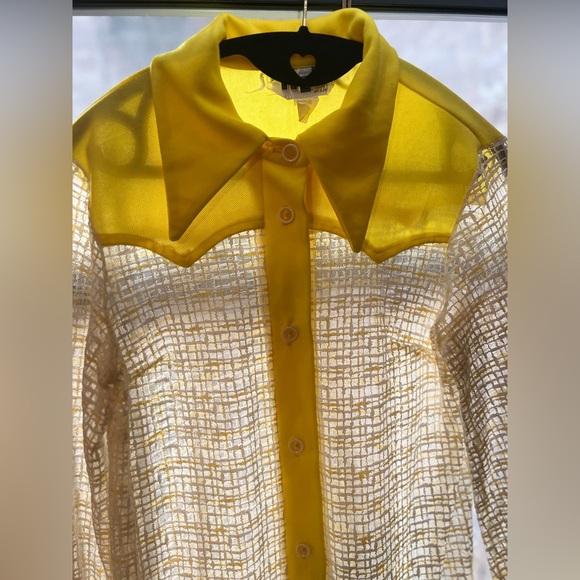 70s sheer yellow and white dagger collar long sleeve button down by H2O Miami Sm - Picture 4 of 9